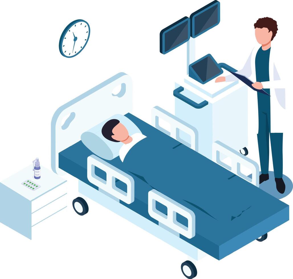 Doctor using medical equipment while patient lying in bed, healthcare professional monitoring vital signs, providing medical assistance, isometric view of hospital room vector