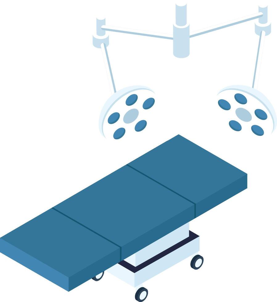 Modern operating table and surgical lights illuminating operating room, creating sterile and technologically advanced environment for surgical procedures vector