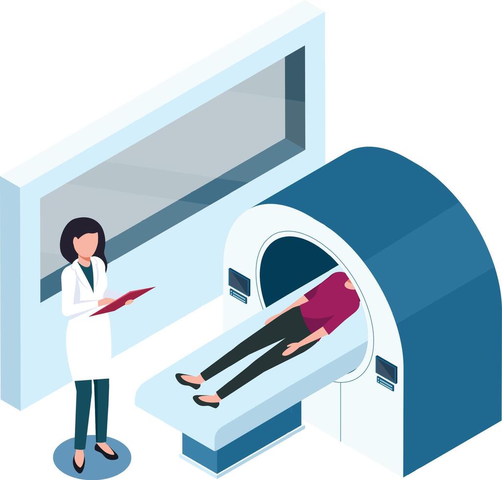 Doctor holding clipboard and supervising magnetic resonance imaging procedure on female patient lying on sliding bed, isometric illustration of mri scan in modern clinic vector