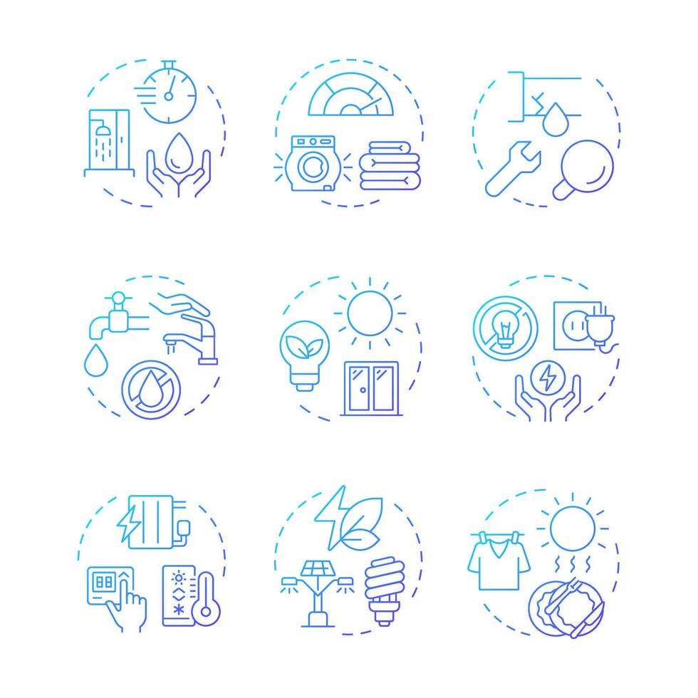 Water reuse blue gradient concept icons. Natural sources management. Liquid recycling processes. Eco friendly technology. Icon pack. Round shape illustrations for booklet. Abstract idea vector