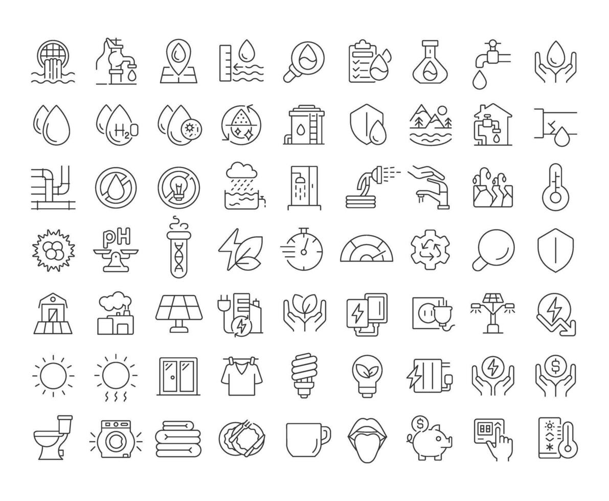 Water reuse linear icons set. Natural liquid sources sustainable consumption. Quality management and control. Customizable thin line symbols. Isolated outline illustrations. Editable stroke vector
