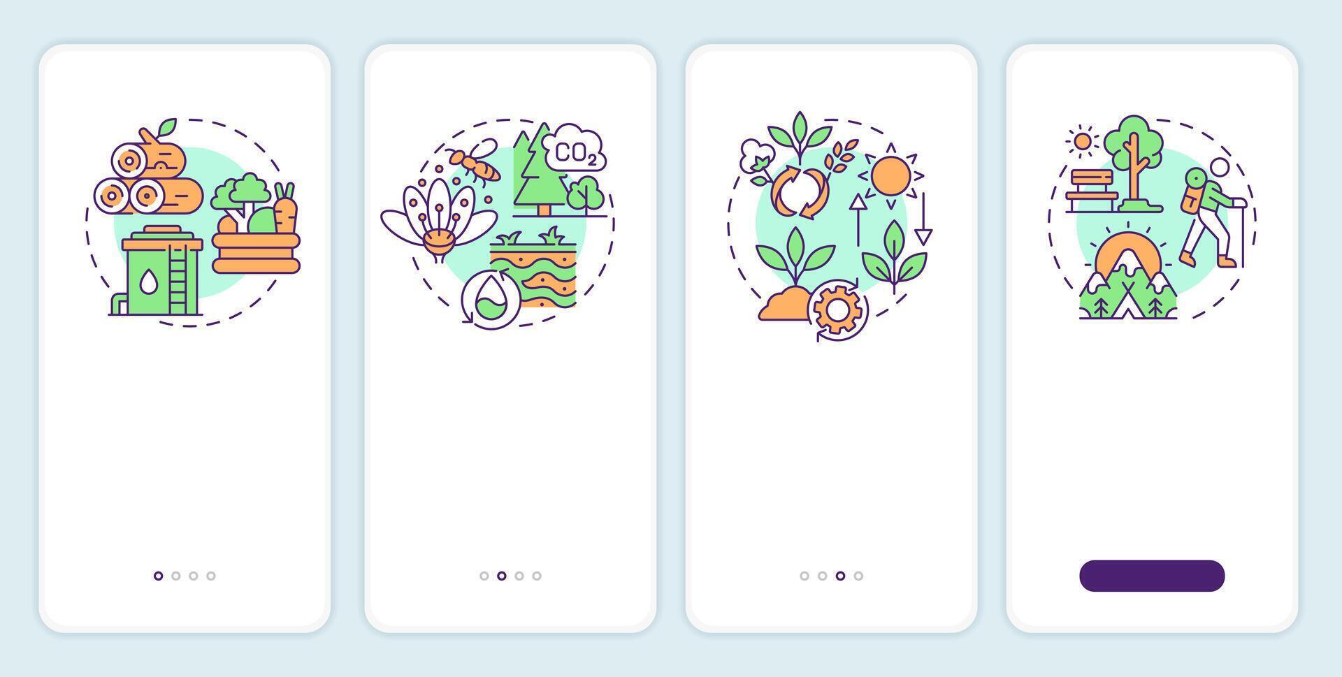 Ecosystem services onboarding mobile app screen. Walkthrough 4 steps editable graphic instructions with linear concepts. UI, UX, GUI template vector