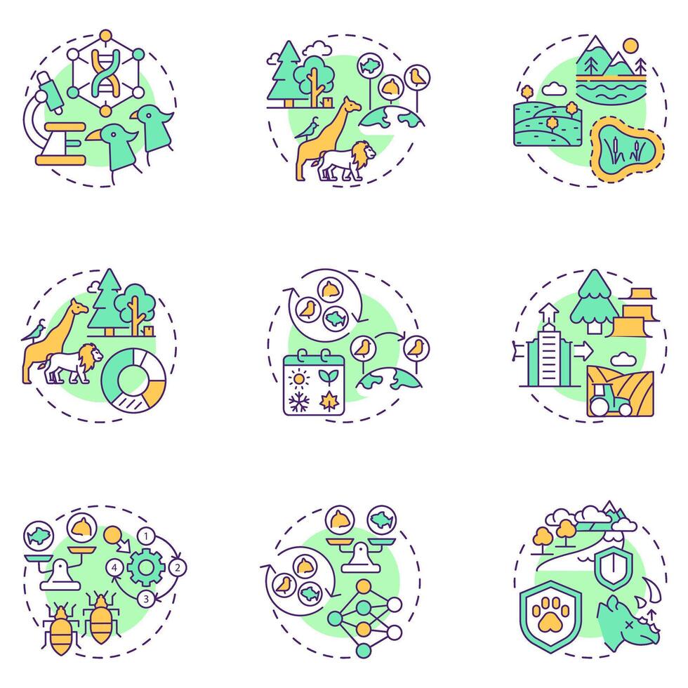 Biodiversity multi color concept icons. Ecological balance. Habitat loss issues. Biological diversity types. Wildlife. Icon pack. Round shape illustrations. Abstract idea vector
