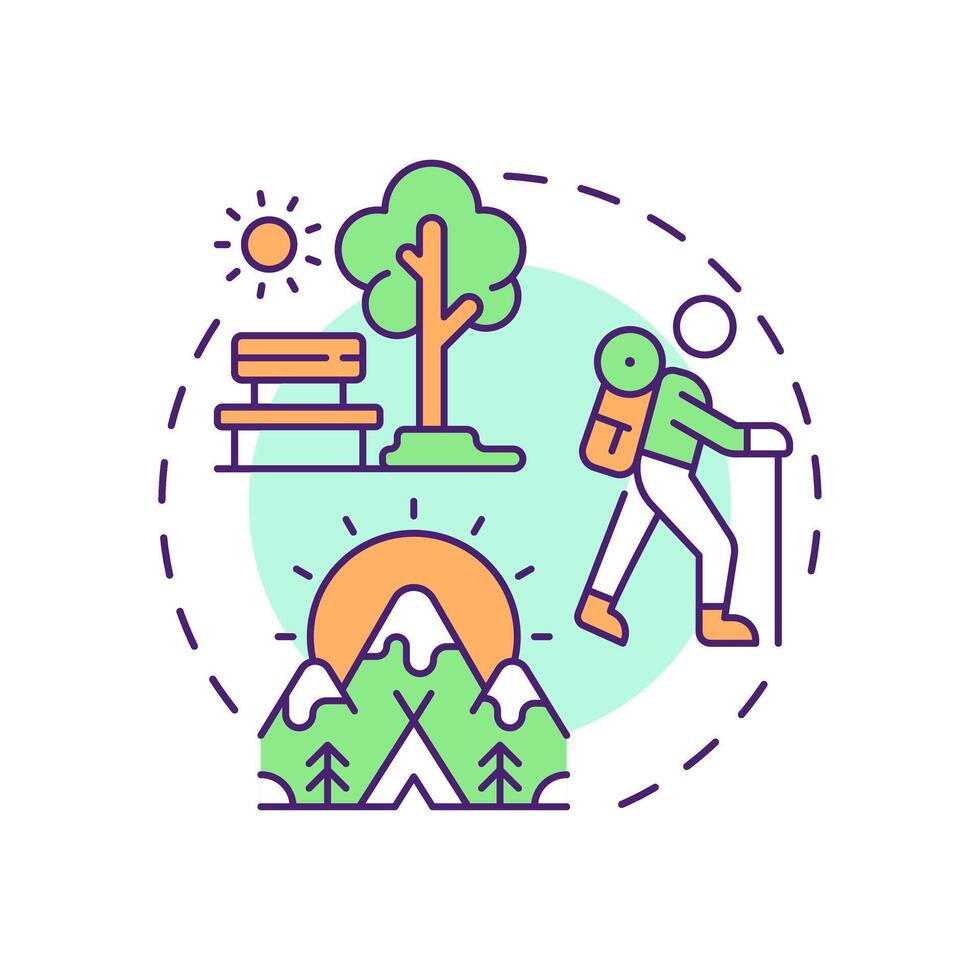 Cultural service multi color concept icon. Ecosystem service. Recreational activities. Scenic landscapes. Round shape line illustration. Abstract idea. Graphic design. Easy to use in article vector