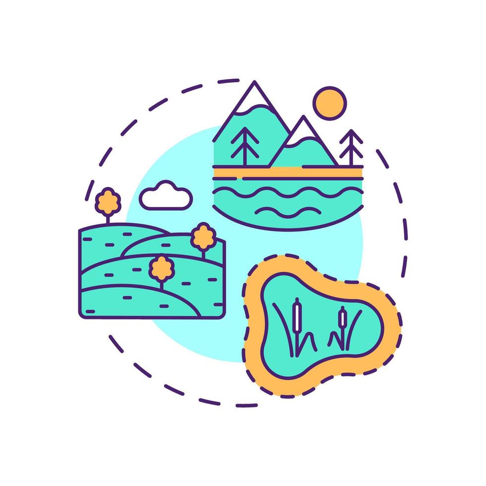 Ecosystem biodiversity multi color concept icon. Diverse landscapes. Different physical environments. Round shape line illustration. Abstract idea. Graphic design. Easy to use in article vector
