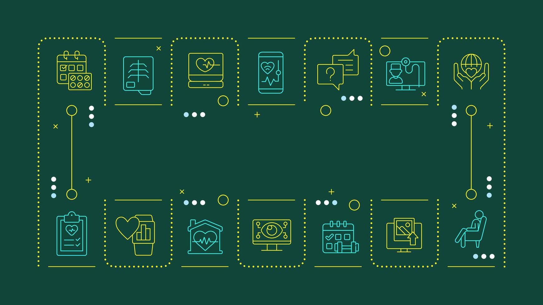 Telehealth dark green word concept. Integration of online technologies in medicine. Telemedicine. Horizontal image. Headline text surrounded by editable outline icons vector