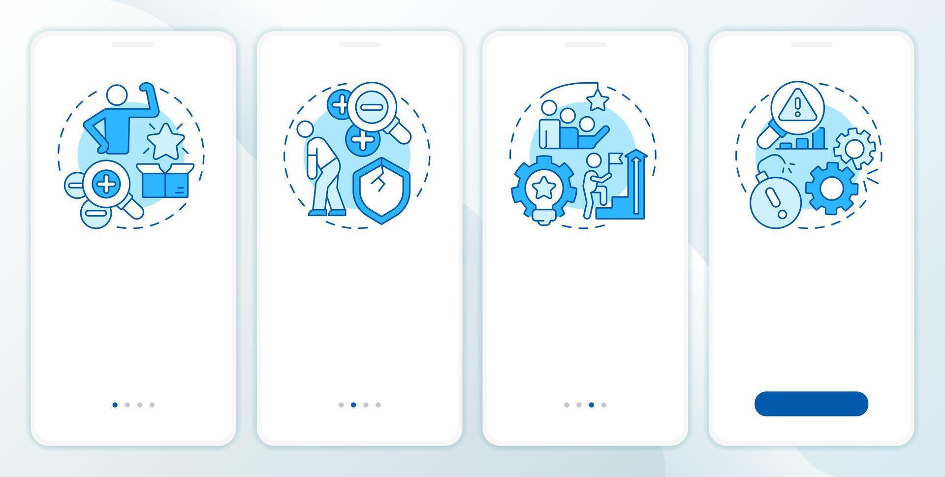 SWOT strategy blue onboardingmobile app screen. Business. Walkthrough 4 steps editable graphic instructions with linear concepts. UI, UX, GUI template vector