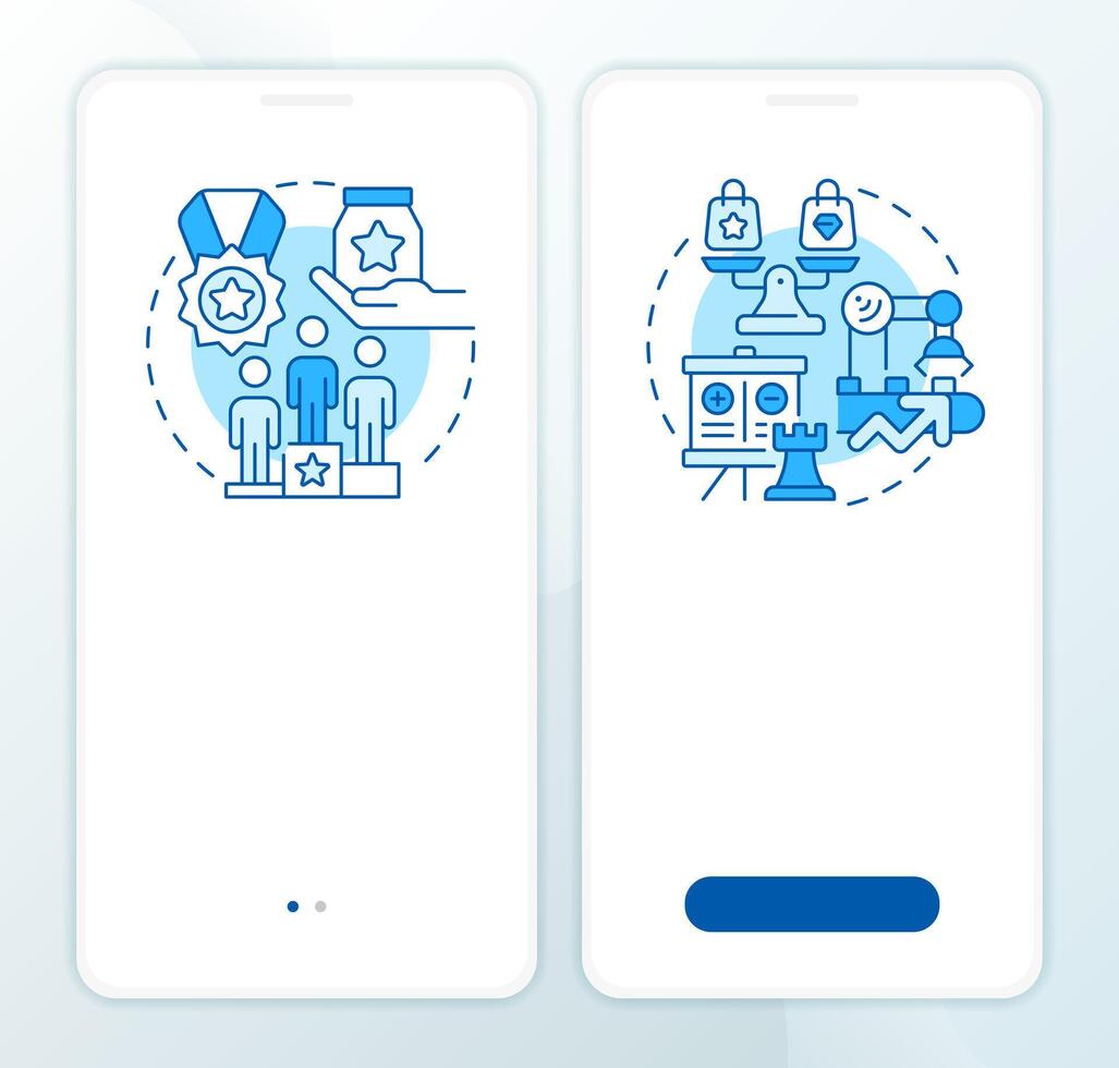 Competitive vs comparative blue onboardingmobile app screen. Walkthrough 2 steps editable graphic instructions with linear concepts. UI, UX, GUI template vector