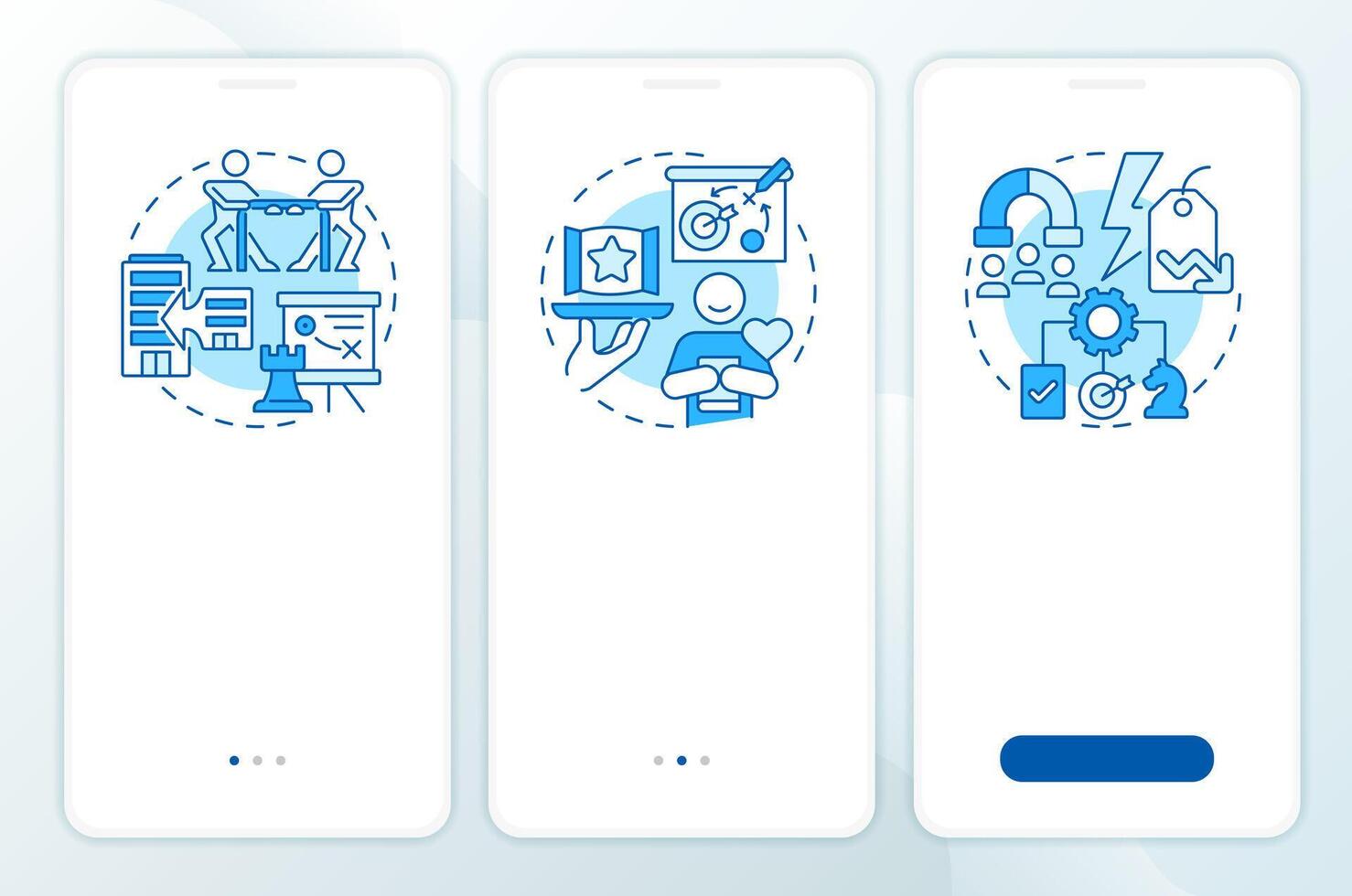 Types of competitive strategies blue onboardingmobile app screen. Walkthrough 3 steps editable graphic instructions with linear concepts. UI, UX, GUI template vector