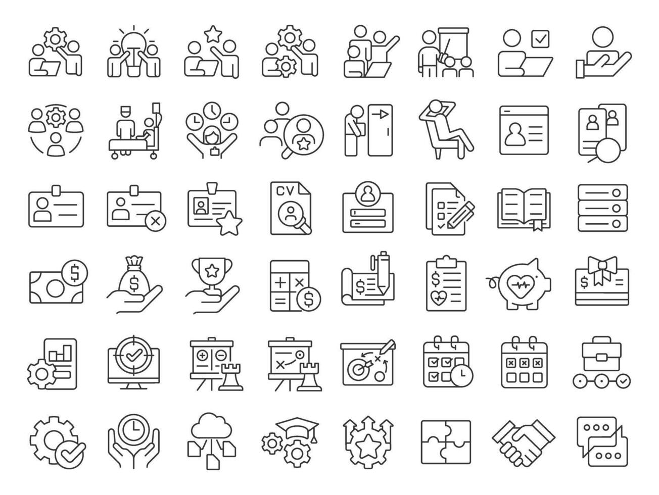 Human resource management linear icons set. Hiring staff for business development. Talents recruitment. Customizable thin line symbols. Isolated outline illustrations. Editable stroke vector
