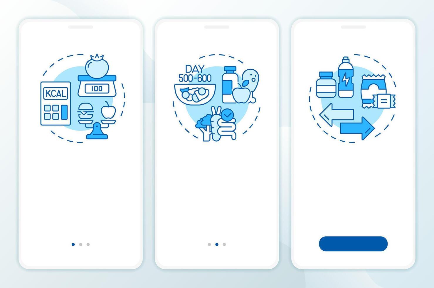 Calories management blue onboarding mobile app screen. Walkthrough 3 steps editable graphic instructions with linear concepts. UI, UX, GUI template vector