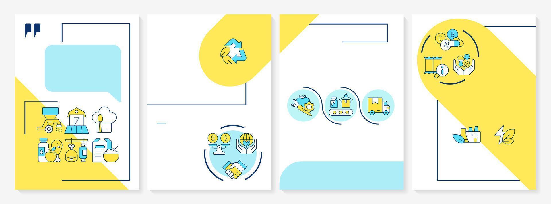 Food system sustainability pillars blue and yellow brochure template. Green production. Leaflet design with linear icons. Editable 4 layouts vector