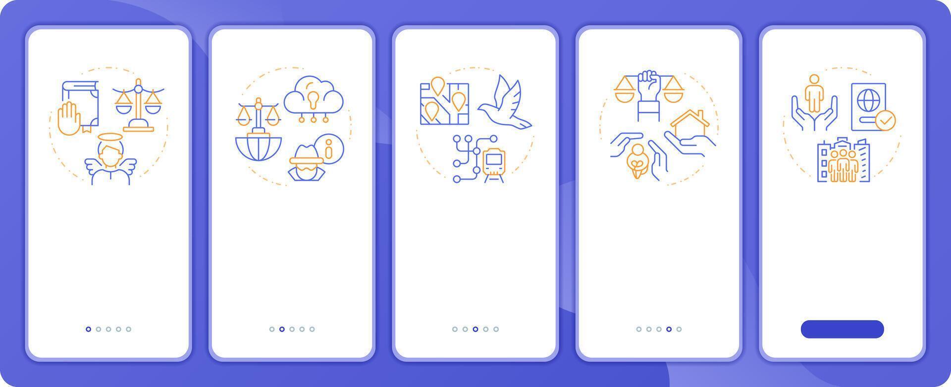 Human law rights app onboarding screens. Innocence, freedom. Duo tone illustration. UI design flow. 5 steps walkthrough mobile interface slide layout vector