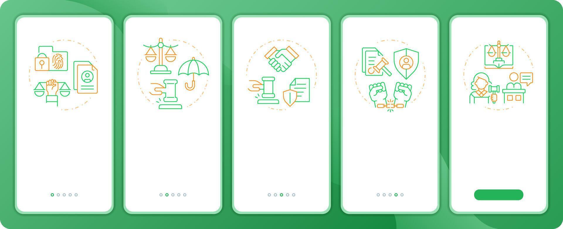Legal rights regulation app onboarding screens. Duo tone illustration. UI design flow. 5 steps walkthrough mobile interface slide layout vector