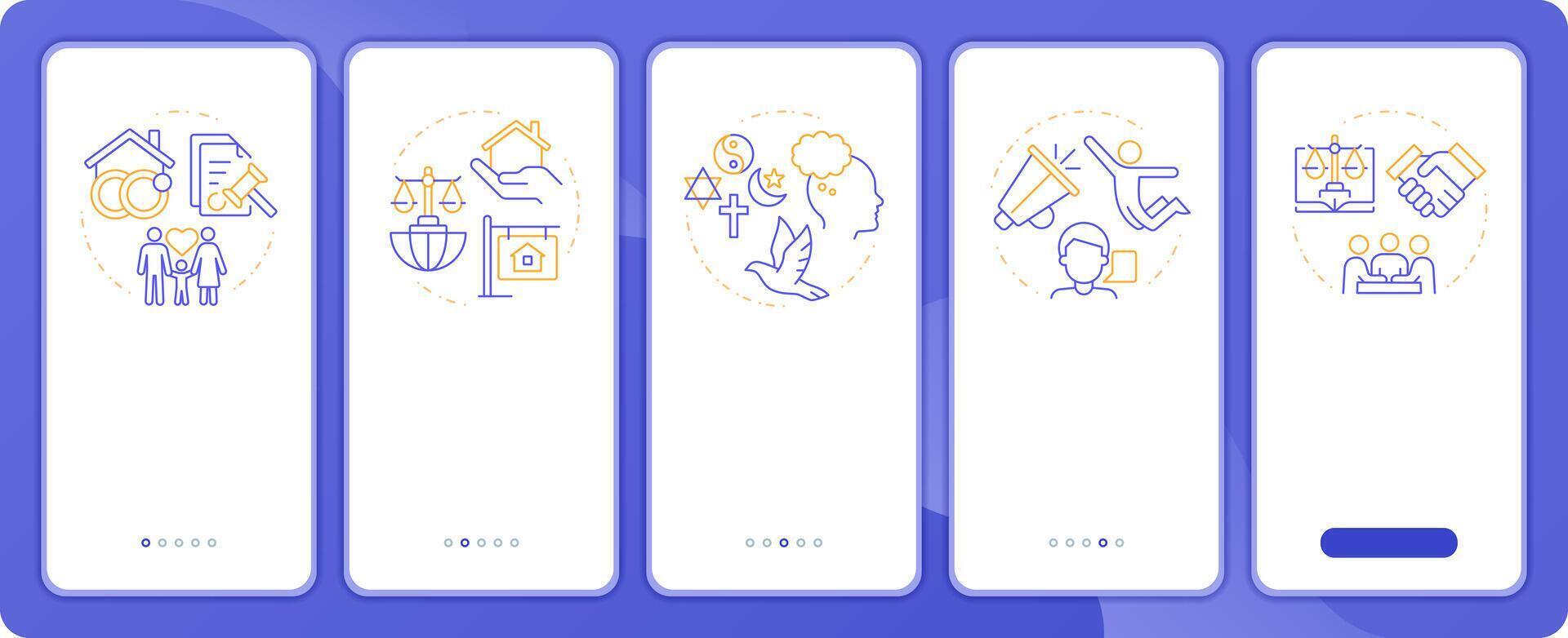 Social rights freedom app onboarding screens. Duo tone illustration. UI design flow. 5 steps walkthrough mobile interface slide layout vector