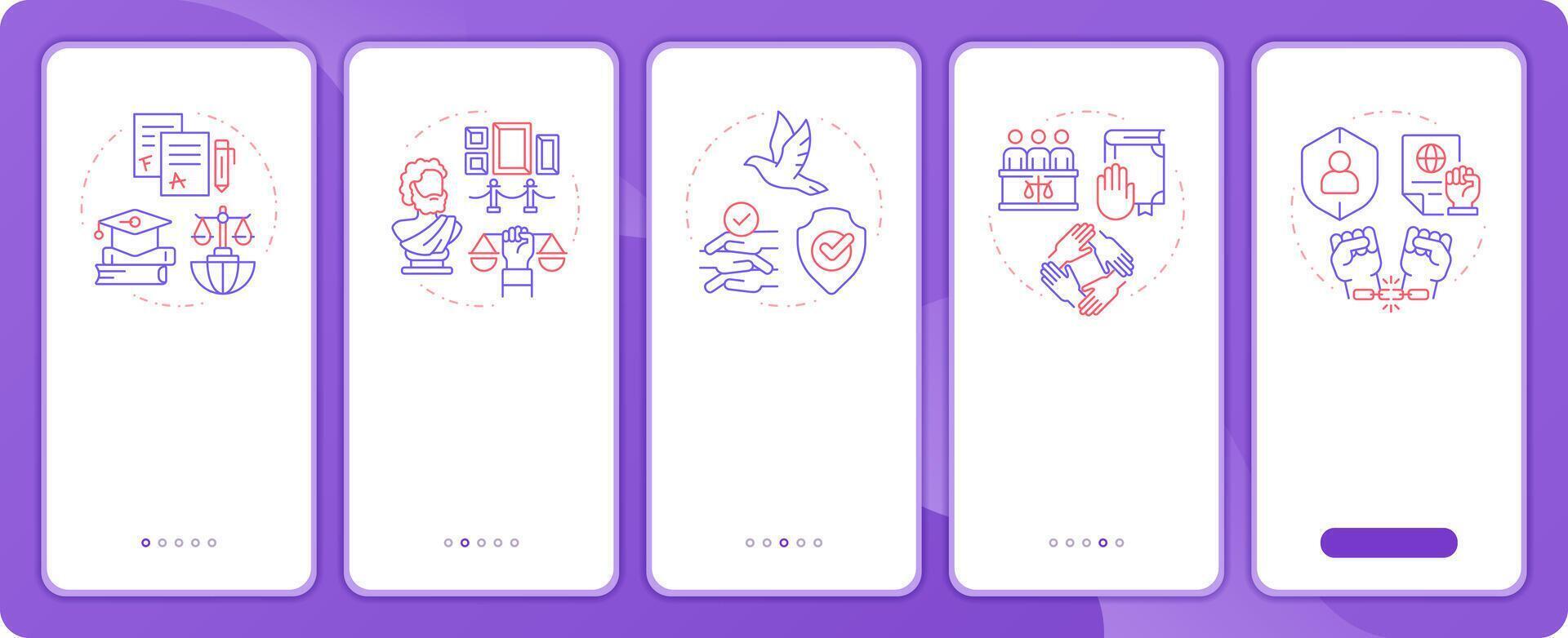 Social culture rights app onboarding screens. Duo tone illustration. UI design flow. 5 steps walkthrough mobile interface slide layout vector