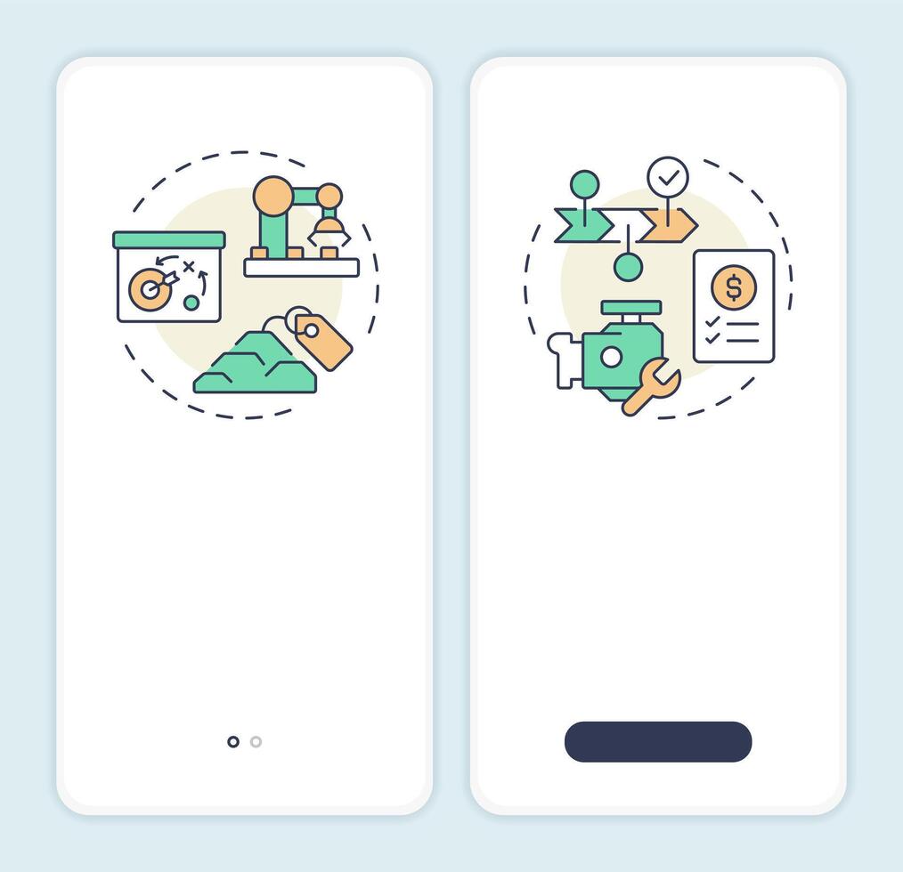MRP onboarding mobile app screen. Industrial planning. Walkthrough 2 steps editable graphic instructions with linear concepts. UI, UX, GUI template vector