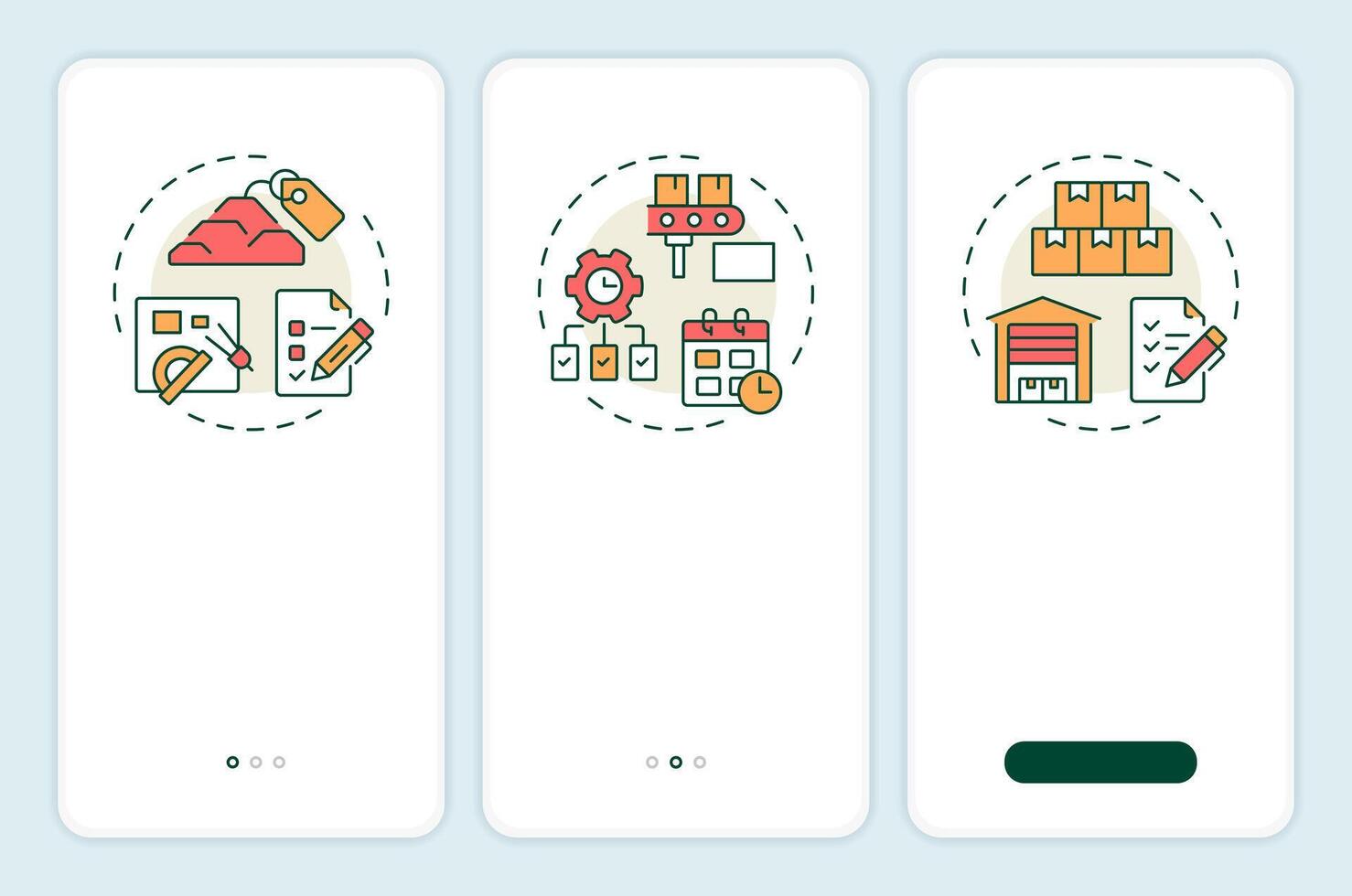 MRP input onboarding mobile app screen. Industry management. Walkthrough 3 steps editable graphic instructions with linear concepts. UI, UX, GUI template vector