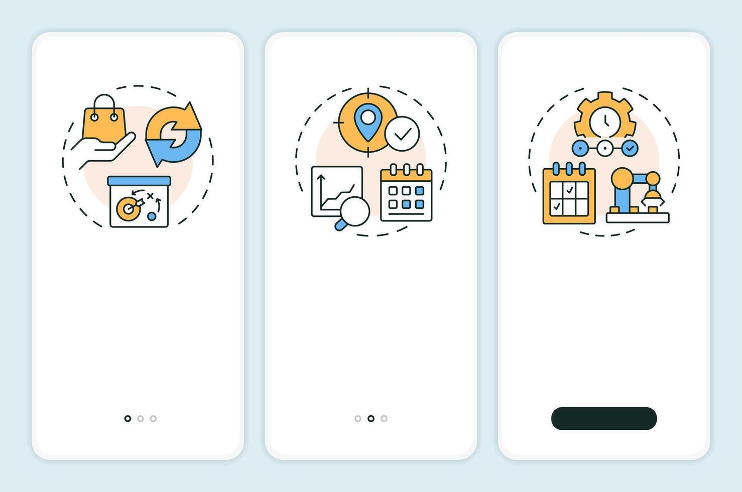 SAP consumption based planning onboarding mobile app screen. Walkthrough 3 steps editable graphic instructions with linear concepts. UI, UX, GUI template vector