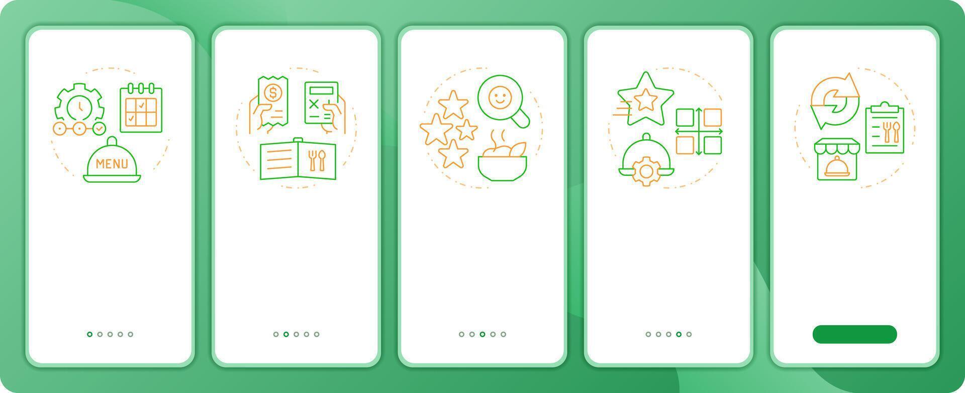 Steps of menu engineering app onboarding screens Duo tone illustration. UI design flow. 5 steps walkthrough mobile interface slide layout vector