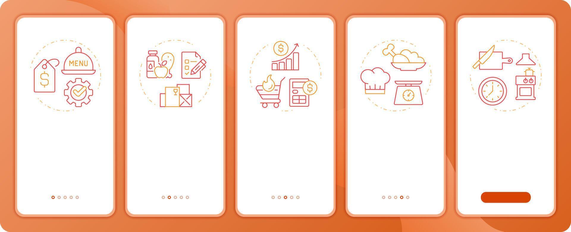Restaurant management app onboarding screens. Business. Duo tone illustration. UI design flow. 5 steps walkthrough mobile interface slide layout vector