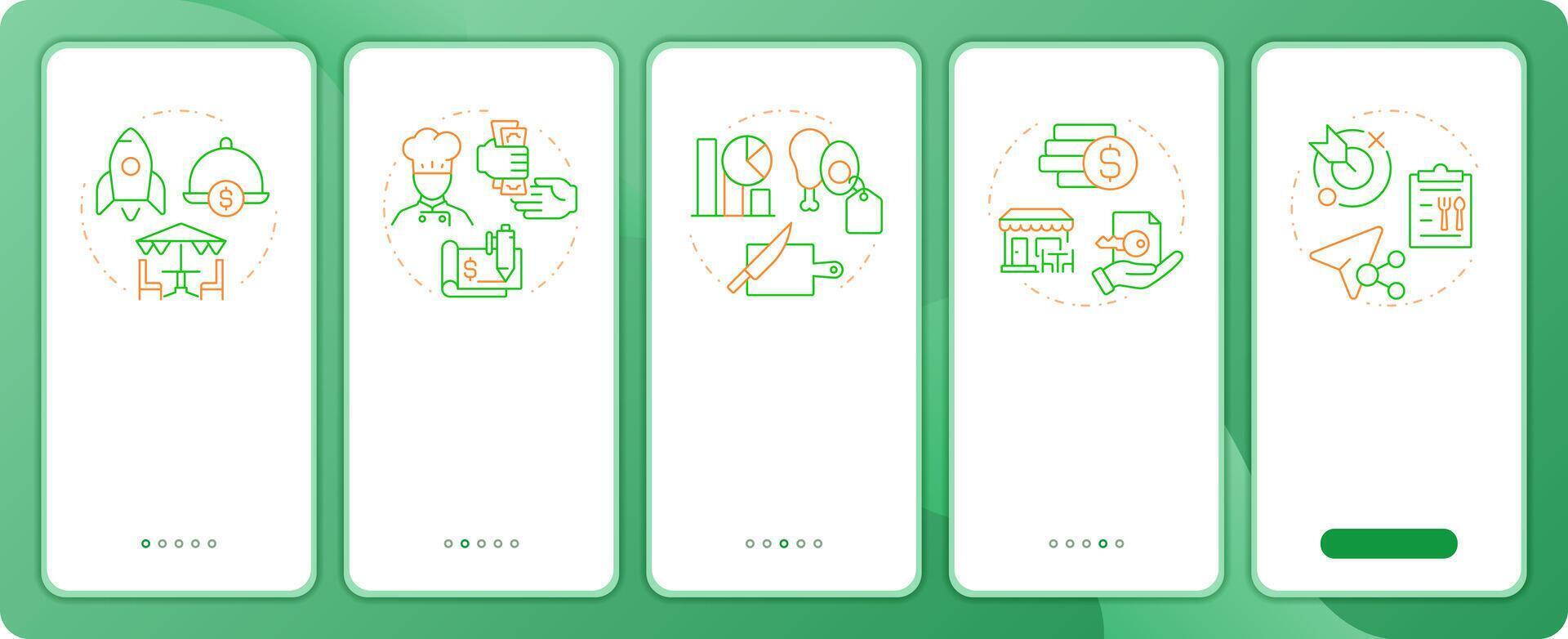 Restaurant operational costs app onboarding screens. Duo tone illustration. UI design flow. 5 steps walkthrough mobile interface slide layout vector