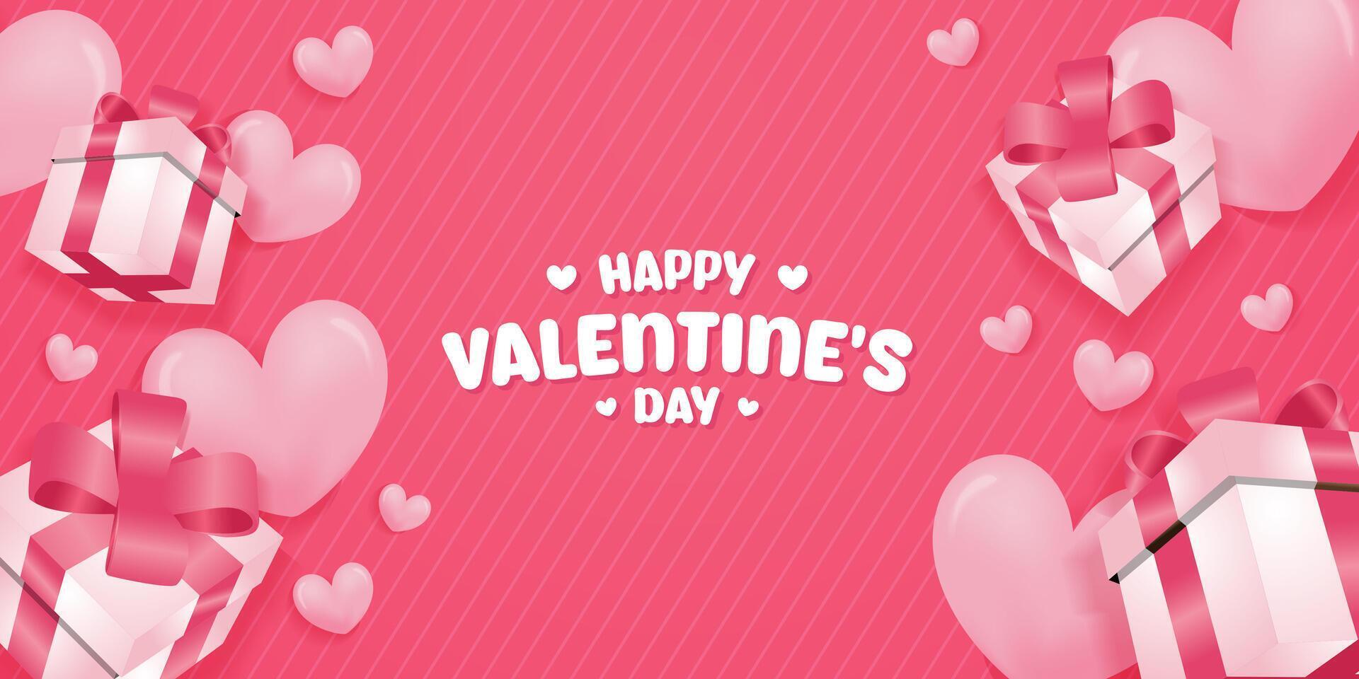 Valentines day banner background with gift box and heart shape balloons background vector