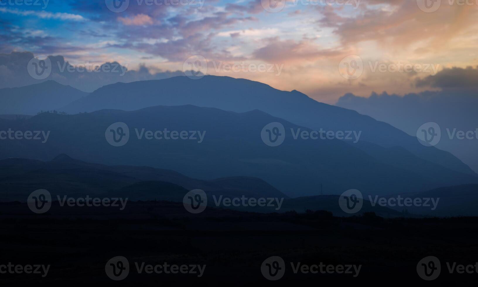 Sacred Valley Valle Sagrado scenic Andes mountains at sunset in Cusco, Peru photo