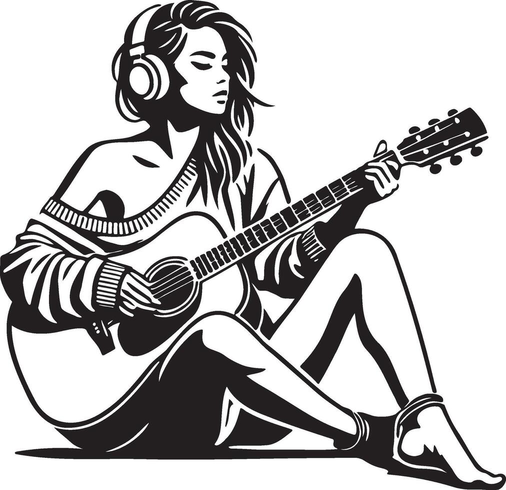A Woman Play Guitar with Headset Illustration. vector