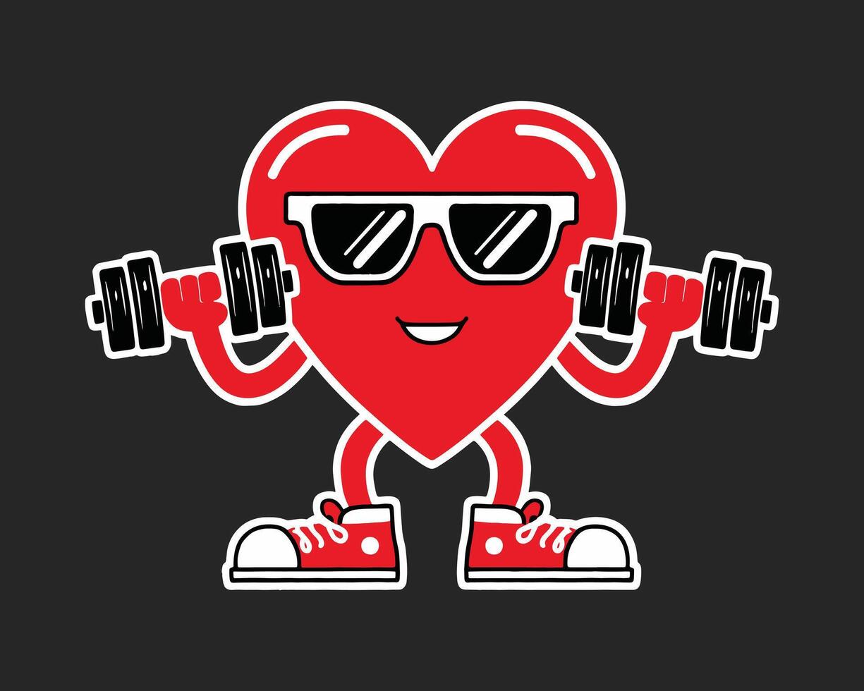Heart character wearing sunglasses and lifting dumbbells. Strong heart lifting weight. vector