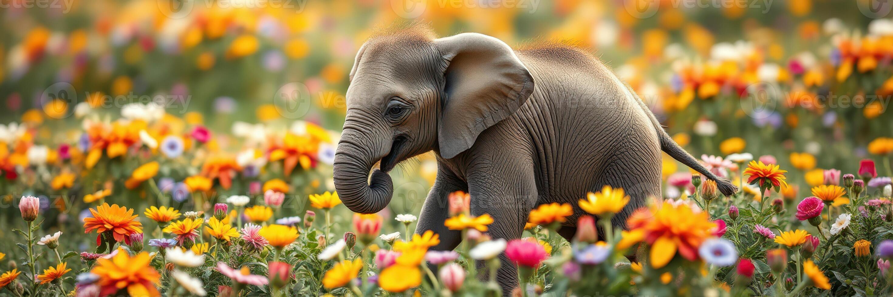 Baby elephant wandering through a vibrant field filled with colorful flowers on a sunny day photo