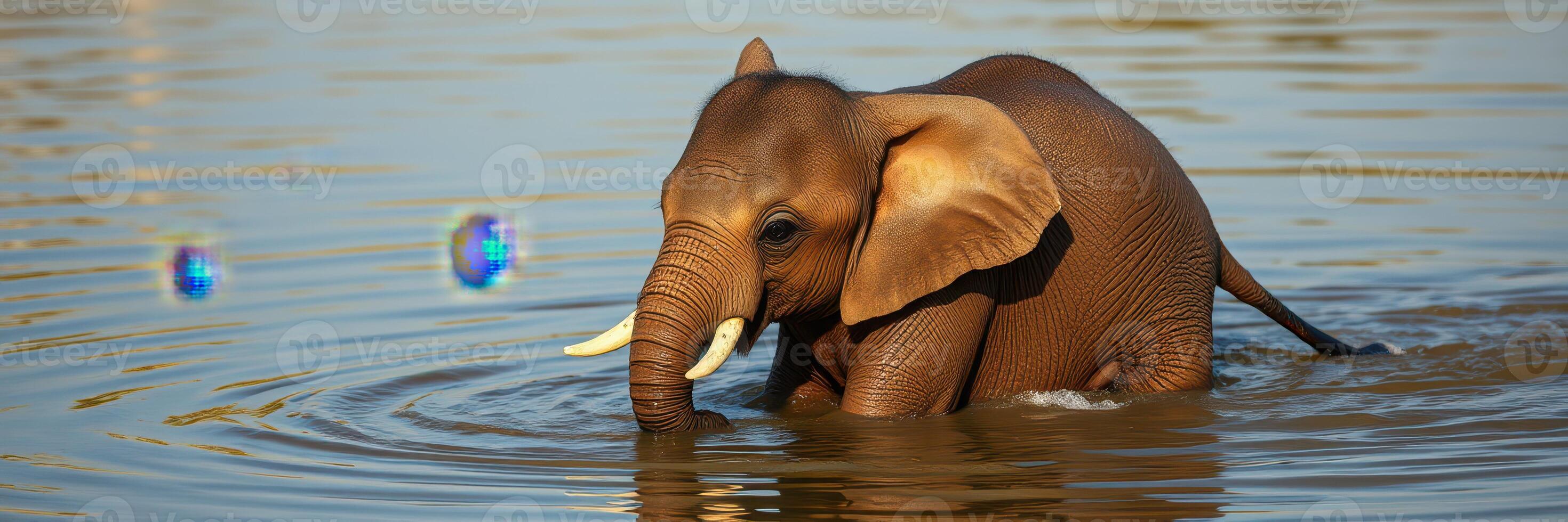 Young elephant splashes playfully in shallow water while colorful bubbles float nearby in a serene setting photo