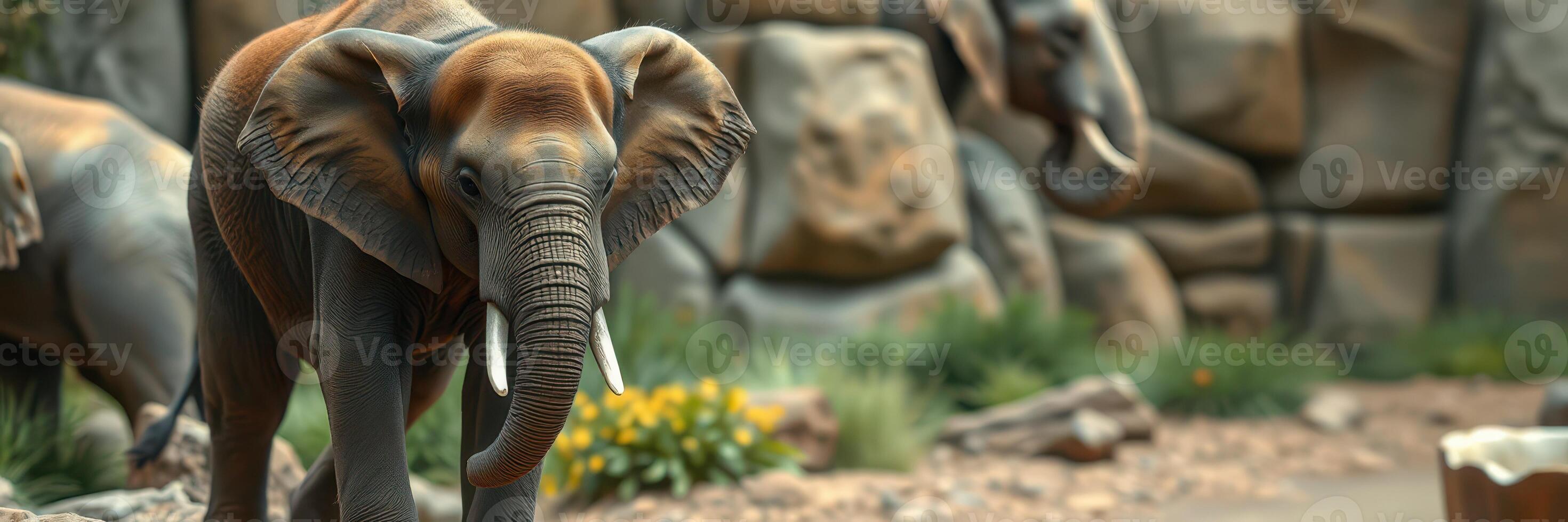 Elephants explore their habitat in a natural setting at a wildlife sanctuary during a sunny afternoon photo