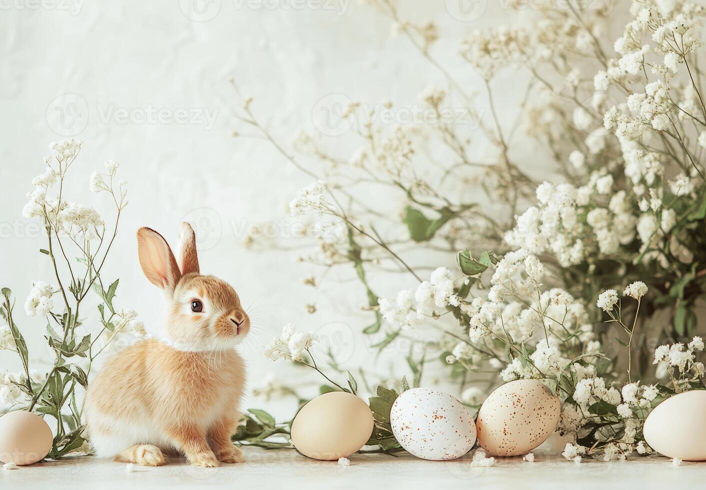 Cute easter bunny sitting near decorated eggs and white flowers photo