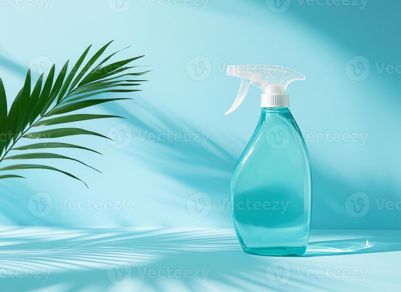 Spray bottle and palm leaf casting shadows on blue backdrop photo