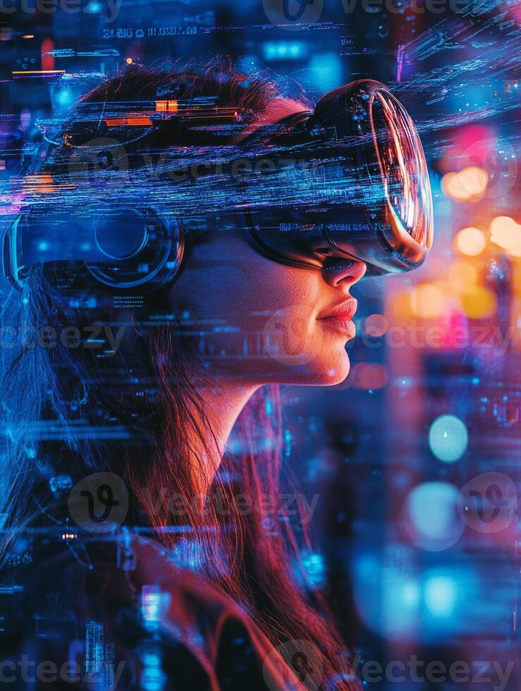 Woman experiencing virtual reality with futuristic headset and holographic data stream photo