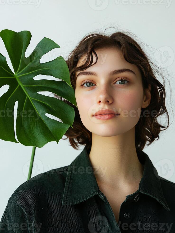 Young woman posing with monstera plants, showing natural beauty and sustainable lifestyle photo