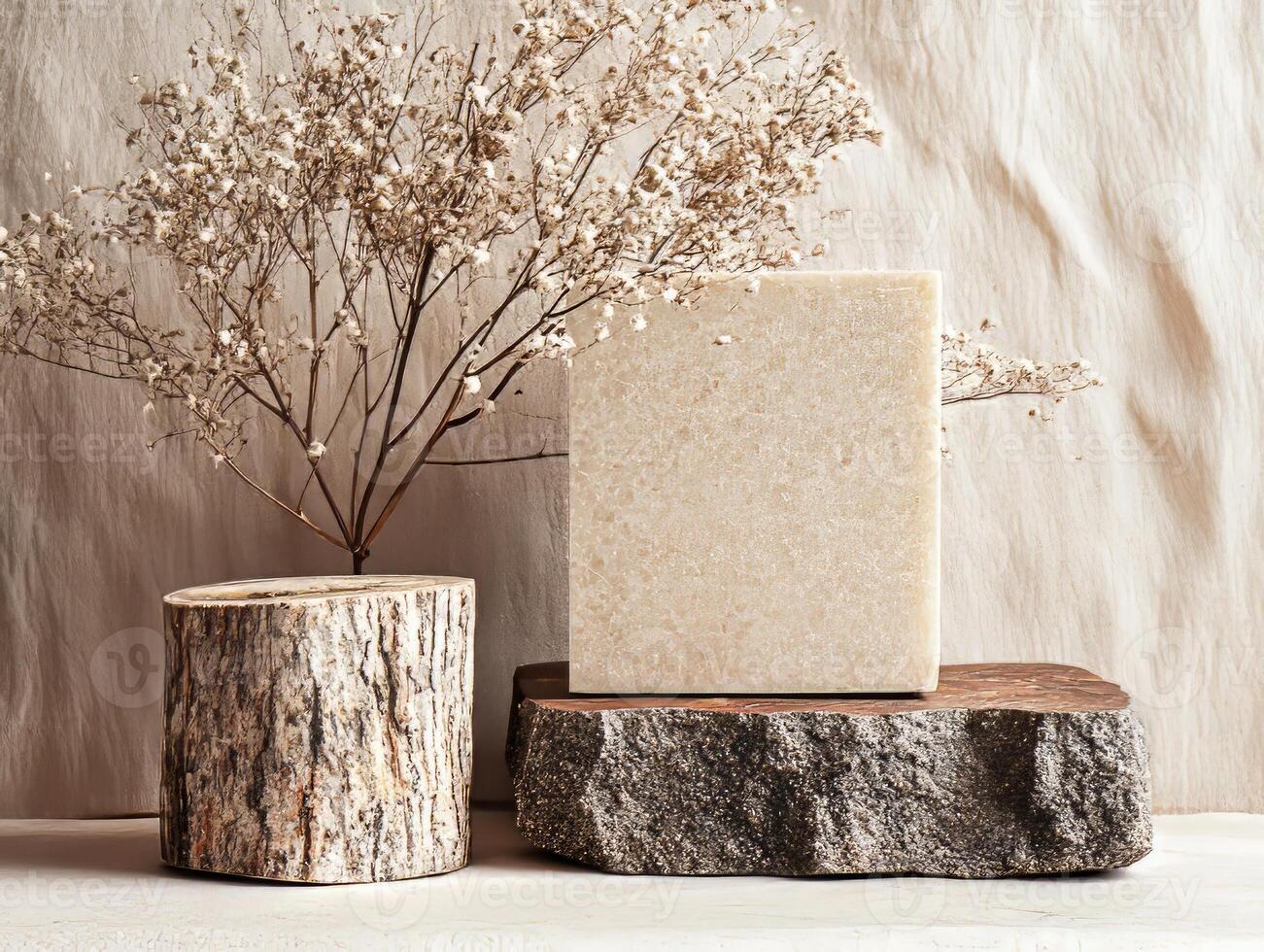 Empty soap bar displayed on natural stone podium with dried flowers photo