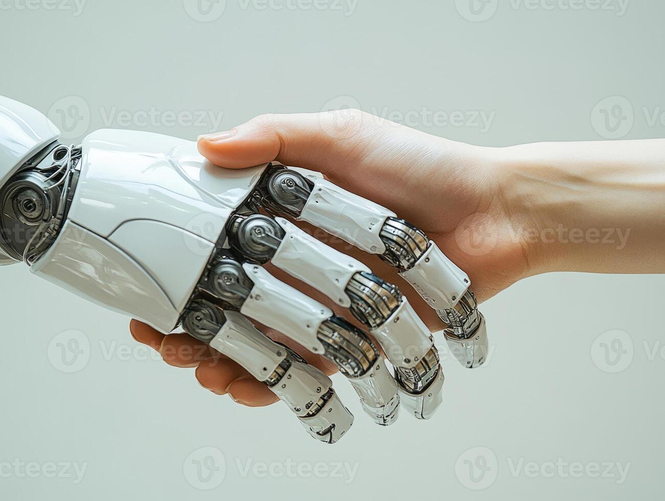 Human and robot shaking hands, collaboration between artificial intelligence and people photo