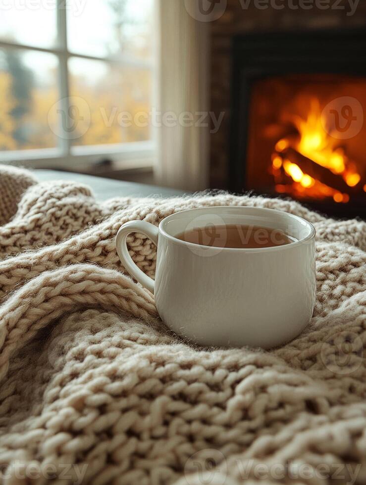 Hot cappuccino warming on cozy blanket near fireplace in autumn photo