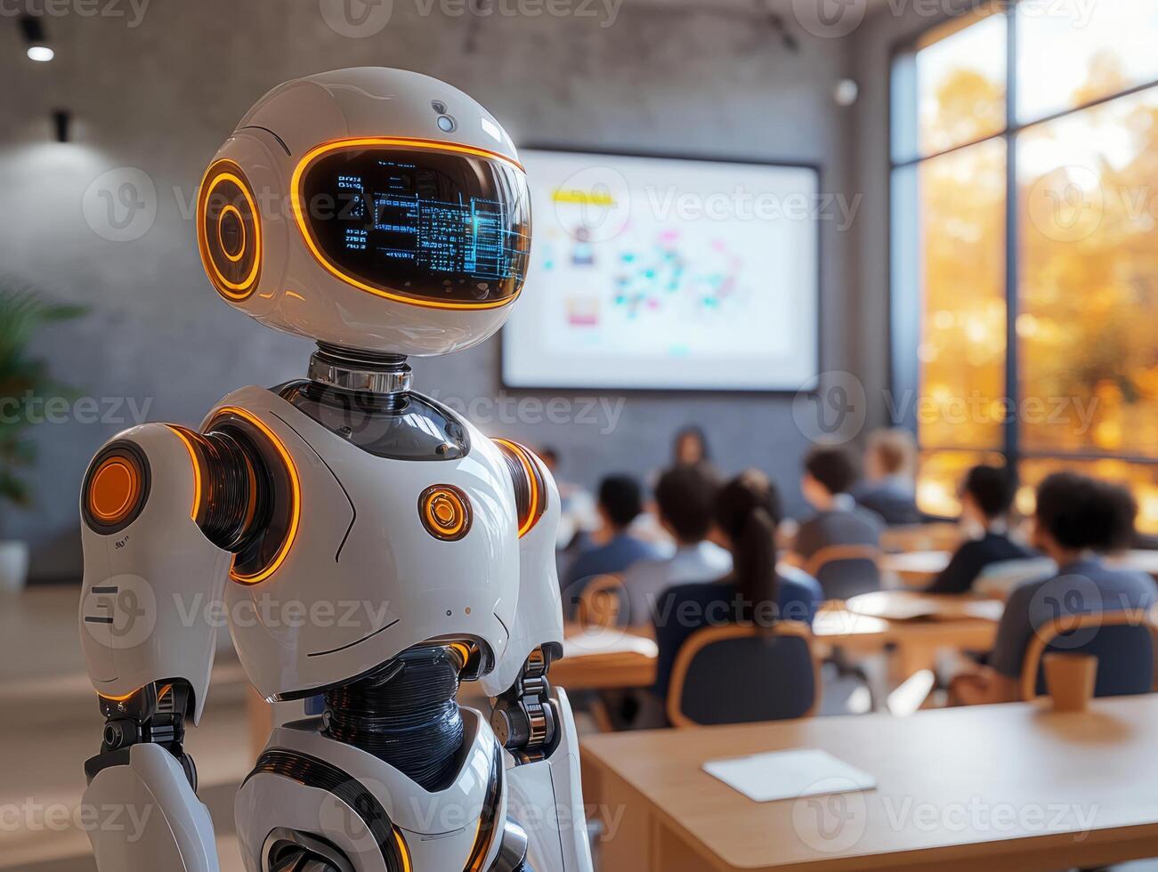Humanoid robot teaching students in modern classroom photo