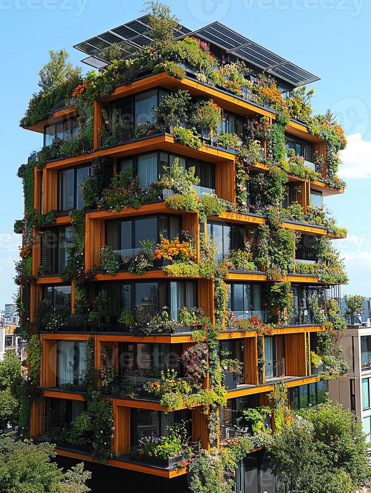 Modern green building showing sustainable architecture with solar panels and plants photo