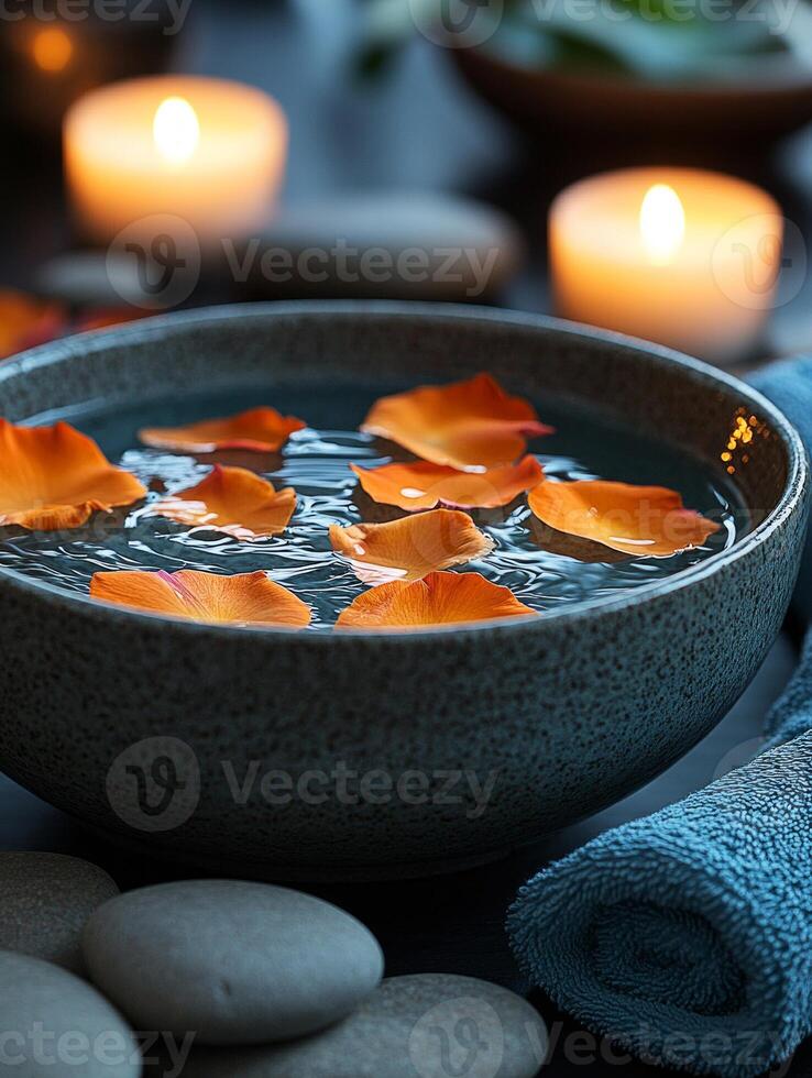 Rose petals floating in bowl creating relaxing spa ambiance with candles and stones photo