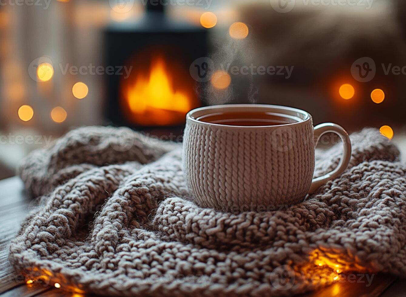 Steaming tea warming by fireplace on cozy knitted blanket photo