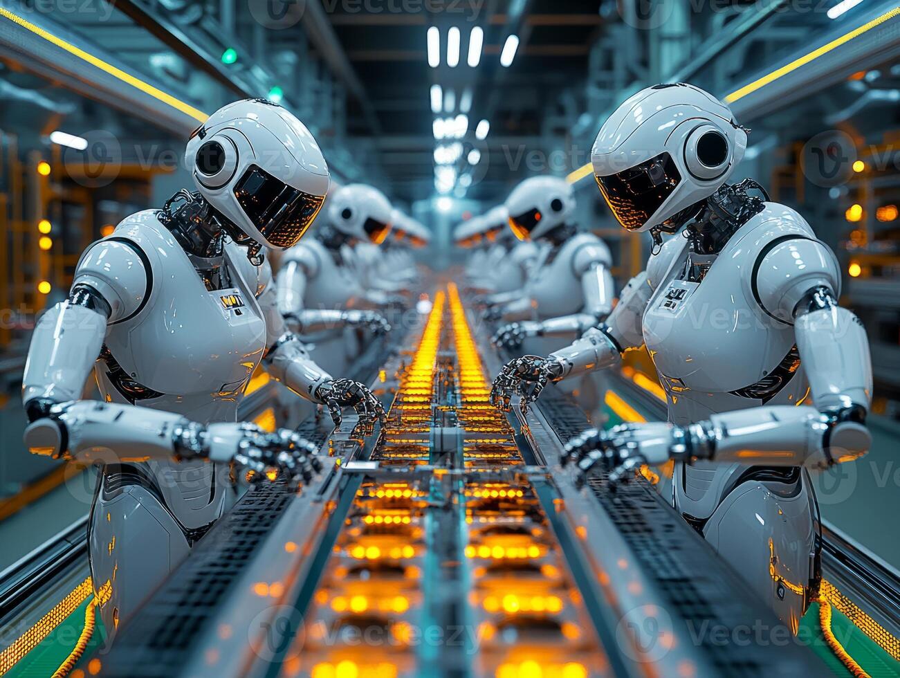Robots working on assembly line in modern factory photo