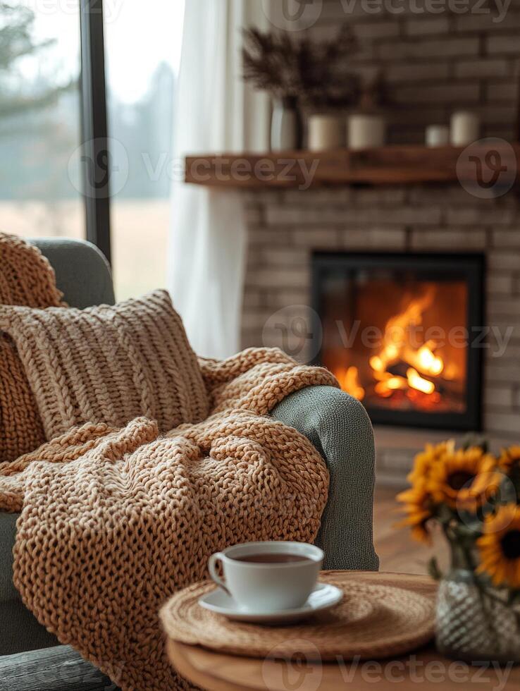 Cozy living room with knitted blanket, fireplace, and tea cup enjoying autumn atmosphere photo