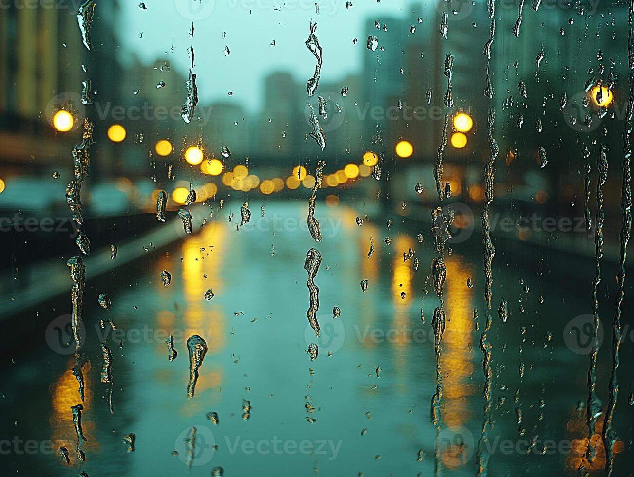 Rain falling on new york city street at dusk creating beautiful bokeh effect photo