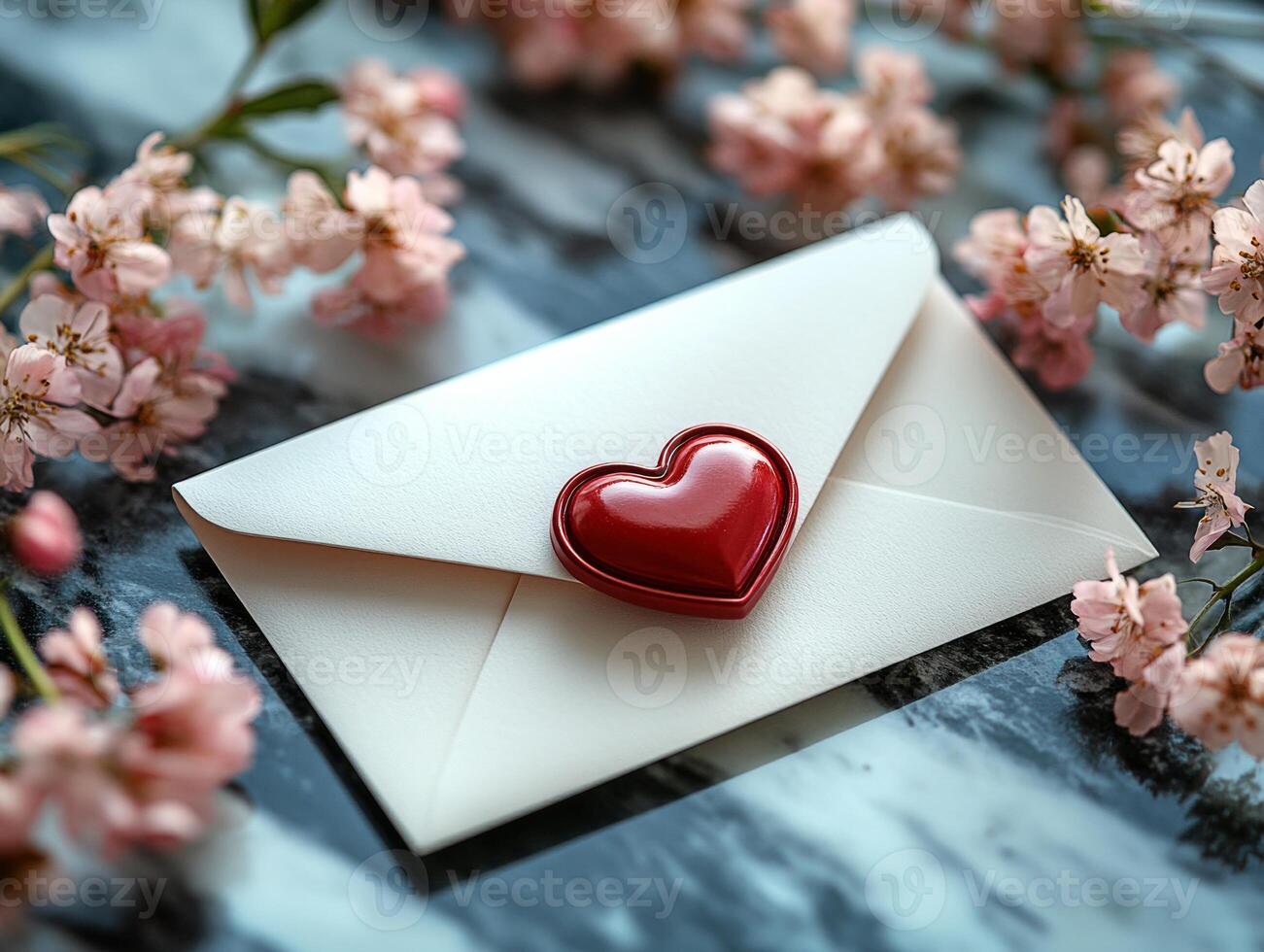White envelope with red heart seal and cherry blossoms framing it on marble surface photo