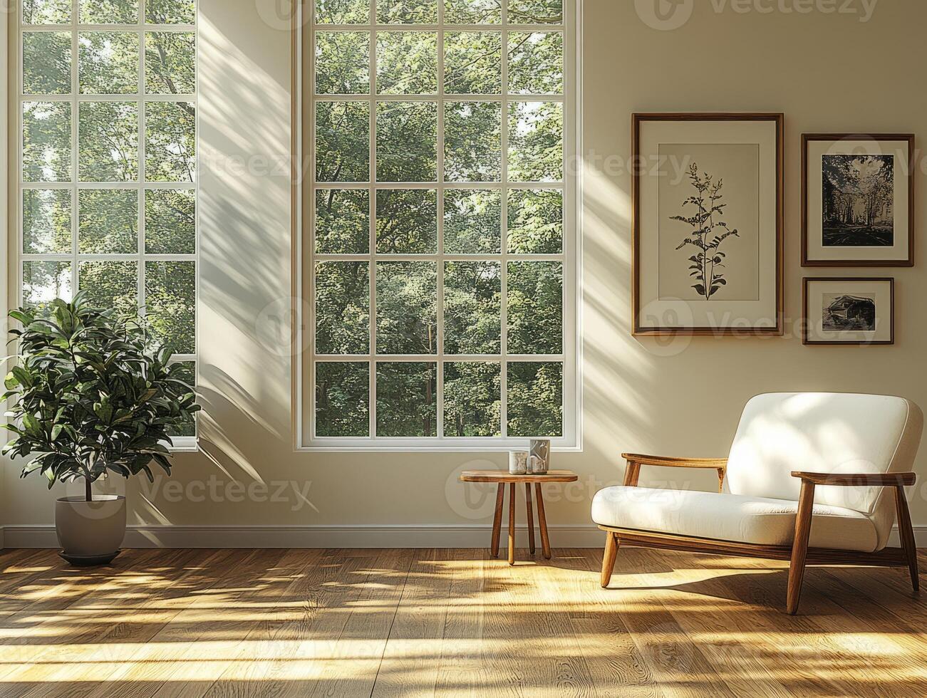 Sunlight illuminating cozy living room with armchair and houseplant photo