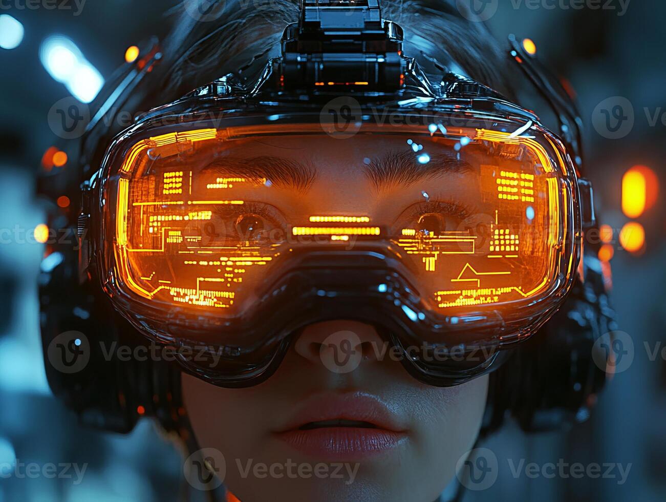 Cyberpunk woman using virtual reality glasses with hud interface photo